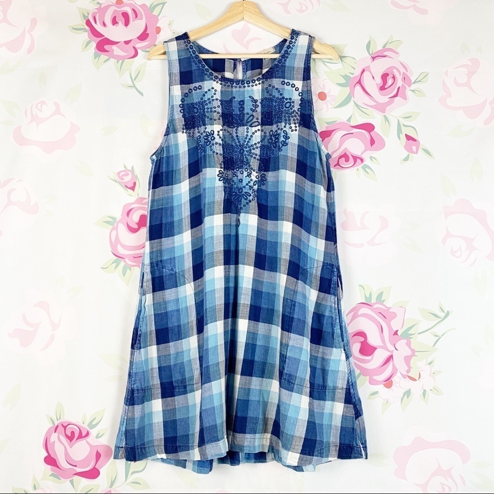 Mod-o-doc Retro Blue Embroidered Plaid Blue Tunic Mini Sleeveless Dress S